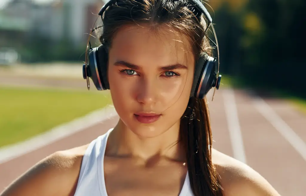 Junge hübsche Frau trägt Kopfhörer beim Sport